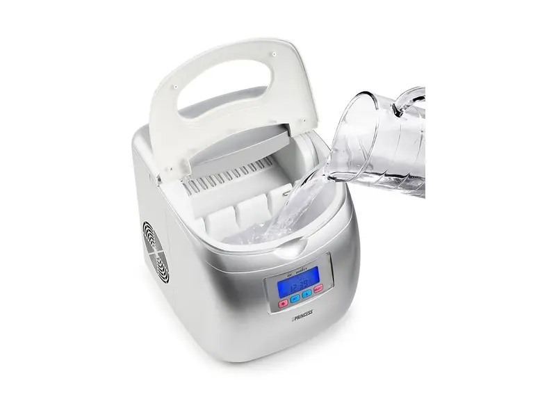 Princess 283069 Ice Cube Maker, rundad silverfärgad ismaskin med LCD-display och uppfällt lock