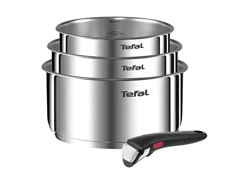 Tefal Ingenio Emotion med tre staplade rostfria kastruller och ett löstagbart handtag