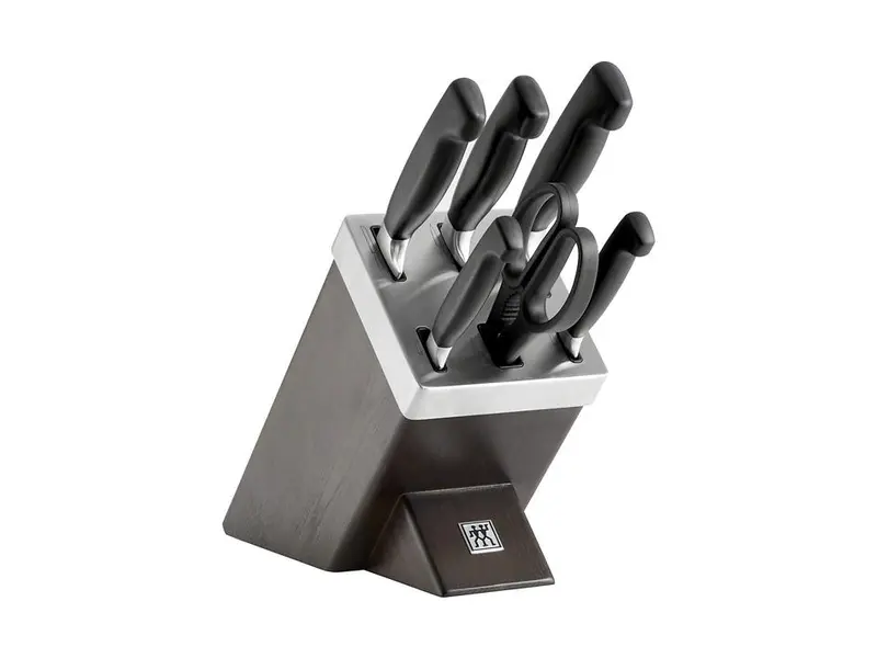 Zwilling Four Star knivblock i mörk ask med fem knivar och en universalsax