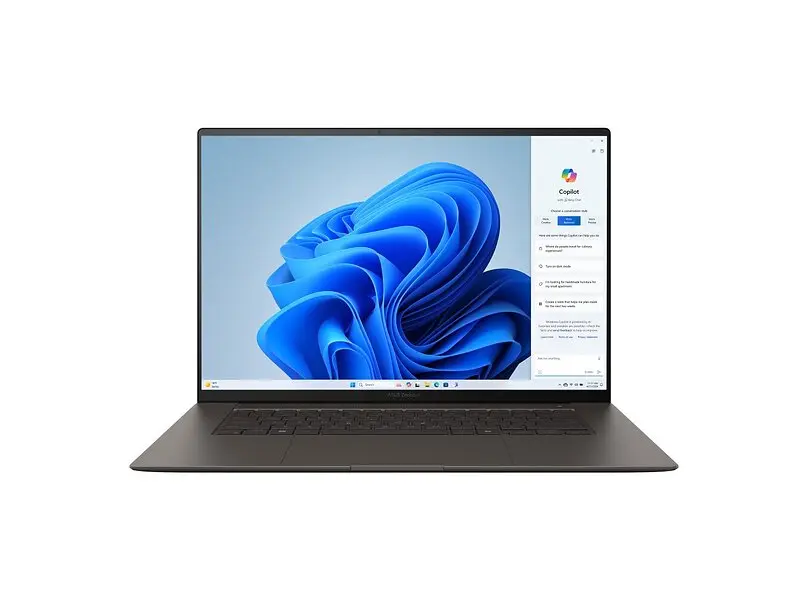 Asus Zenbook S 16 i ceraluminum-chassi, öppnad med OLED-skärmen tänd sedd snett framifrån