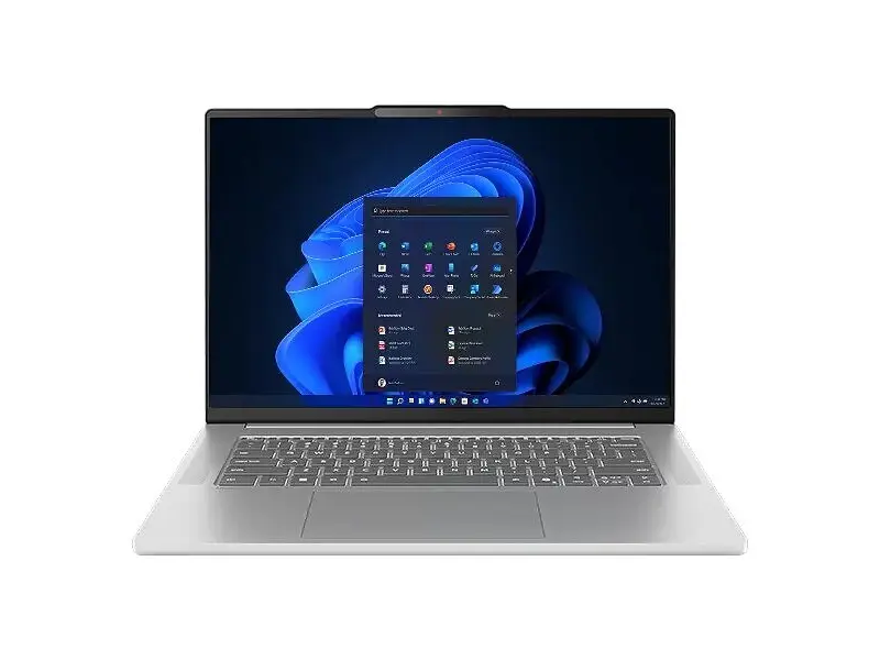 Lenovo IdeaPad Slim 5 i grått aluminiumchassi, öppnad med skärmen tänd sedd snett framifrån