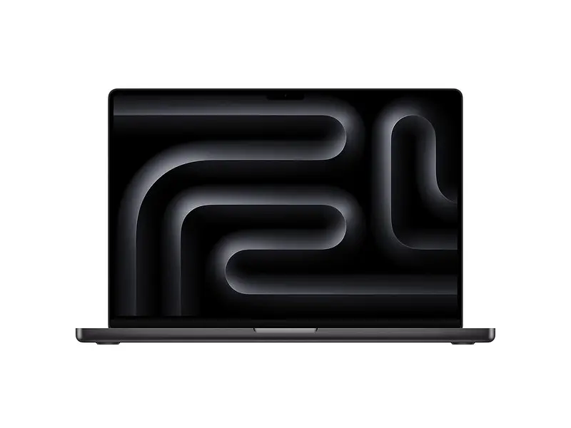 Apple MacBook Pro 16" med M4 Pro i rymdsvart, öppnad och sedd framifrån med skärmen tänd