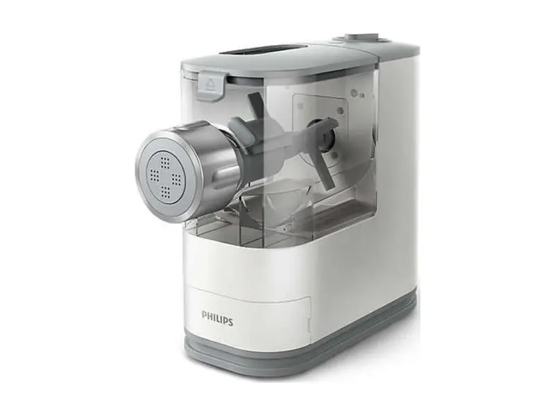 Philips HR2345/19 Viva Collection, en vit helautomatisk pastamaskin med genomskinligt blandarkärl och formskiva monterad i fronten.