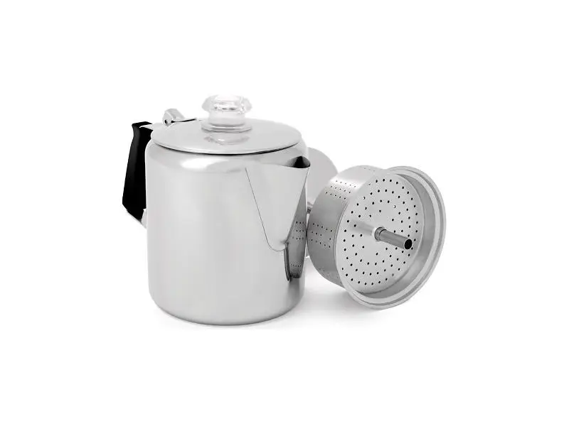 GSI Outdoors Glacier perkulator i rostfritt stål med kaffekorgen bredvid kannan