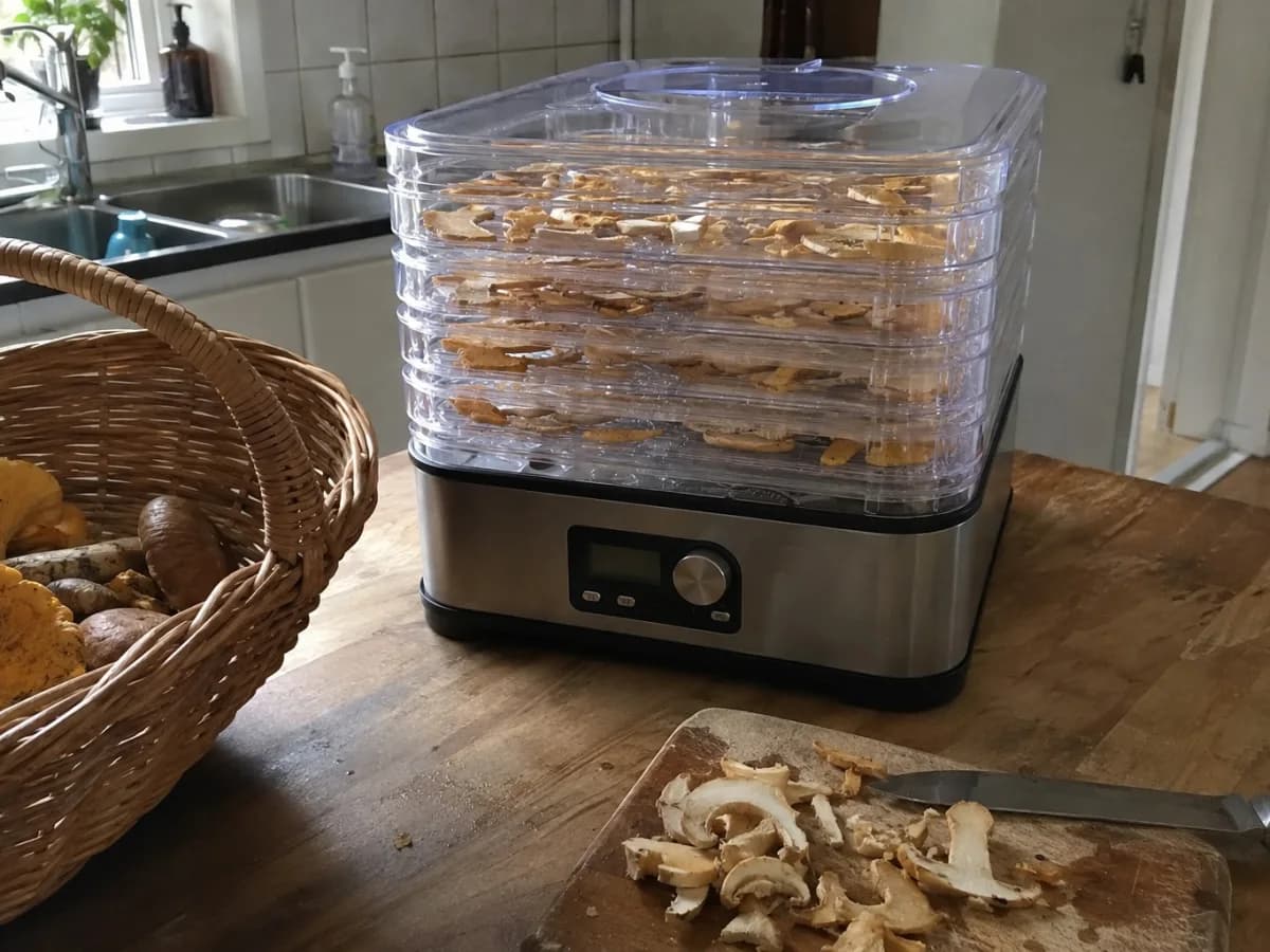 Caso DH 450 med rostfri bas och fem genomskinliga brickor fyllda med kantarellskivor på en svensk köksbänk
