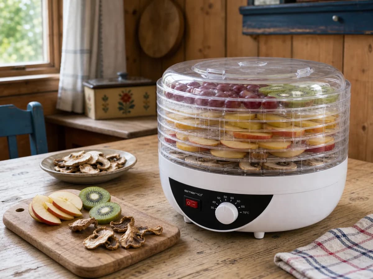 Emerio FD-109543 rund svamptork på bord i svensk sommarstuga med frukt och svamp