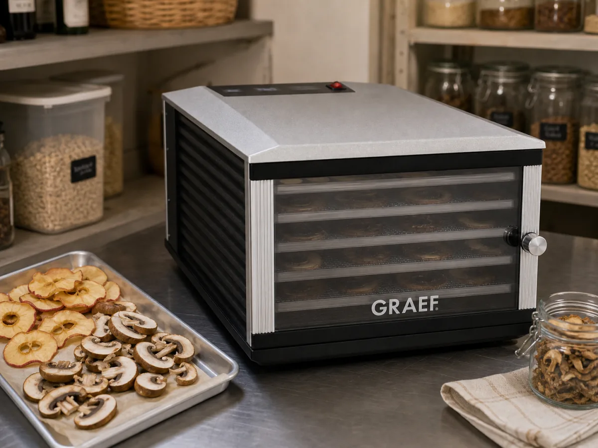 Graef Dehydrator DA 506 i förrådsliknande prep-yta med skivad svamp inför torkning