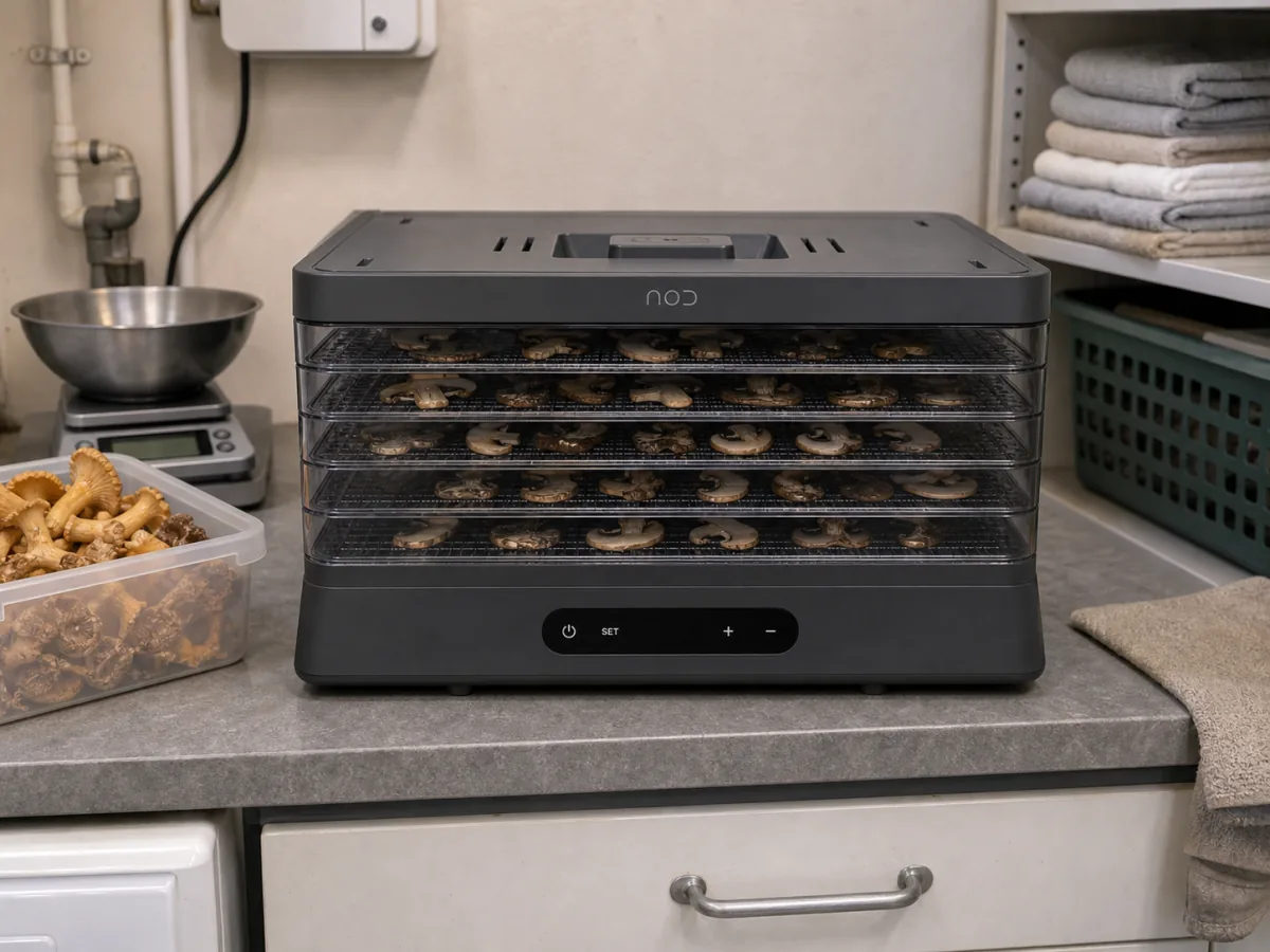 NOD Dehydrator Torkugn 5 Lager på grovköksbänk med svamp på torkbrickorna