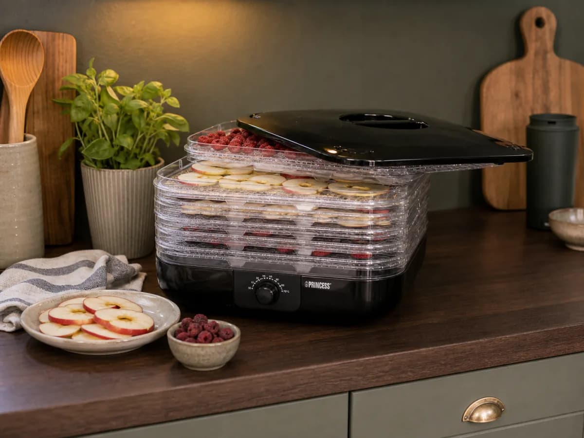 Princess Dehydrator Torkugn på svensk köksbänk med frukt och kantareller under test