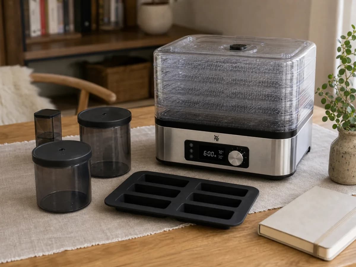 WMF KITCHENminis Dehydrator med burkar och silikonform utlagda på svenskt köksbord