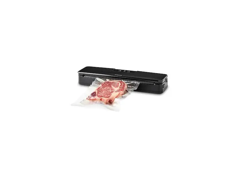 Anova Precision Vacuum Sealer, en smal svart kantförseglare med en vakuumpackad köttbit i påsen framför
