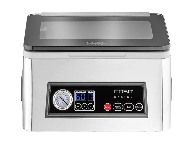 Caso VacuChef 50, kammarmaskin i rostfritt med genomskinligt glaslock, analog manometer och digital display
