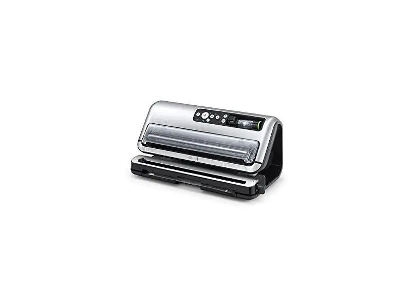 FoodSaver FFS006X Flow, en stående kantförseglare i rostfritt med uppfällt lock och plastrulle synlig i facket