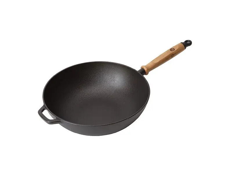 Anders Petter Signerat Wok 32 cm i svart gjutjärn med ekhandtag och hjälphandtag