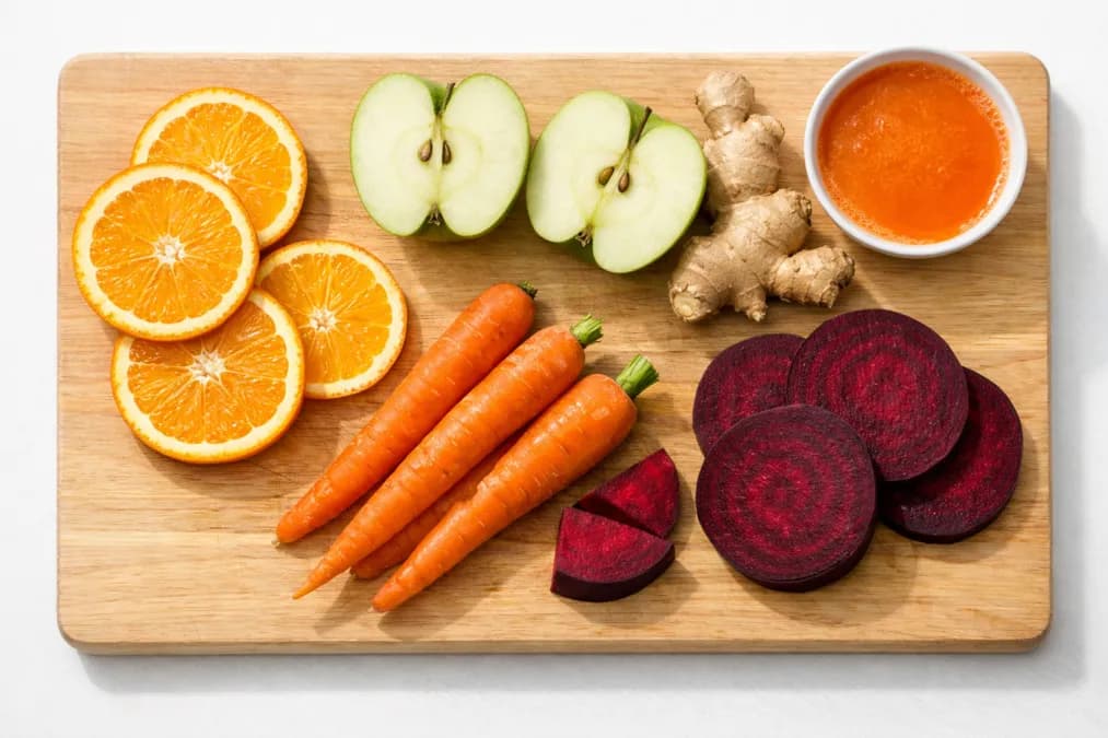 Färska frukter och grönsaker upplagda på en skärbräda, redo att juicas