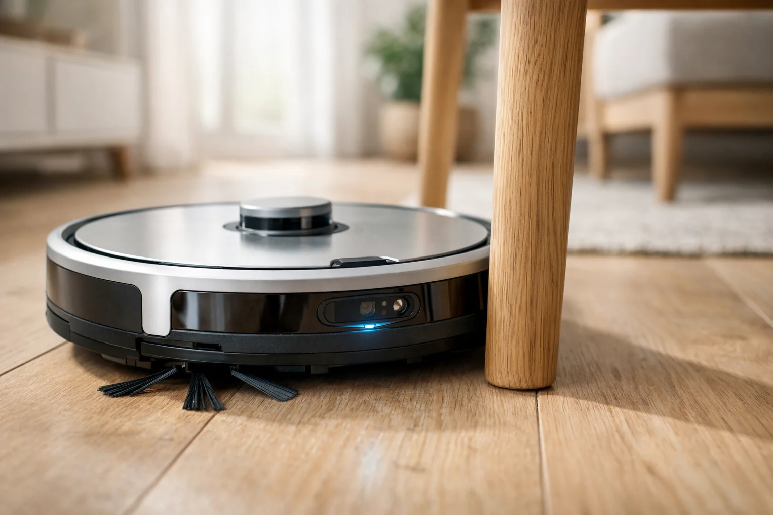 Robotdammsugare navigerar runt möbelben på trägolv