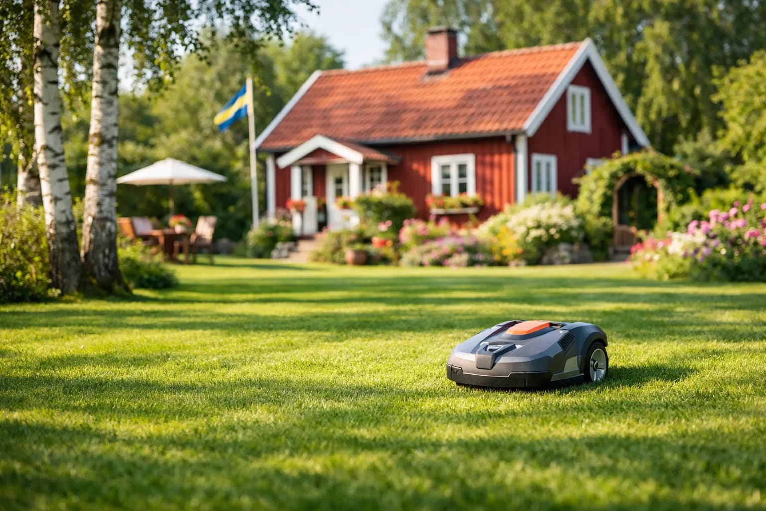 Robotgräsklippare på en välklippt svensk villaträdgård en sommardag