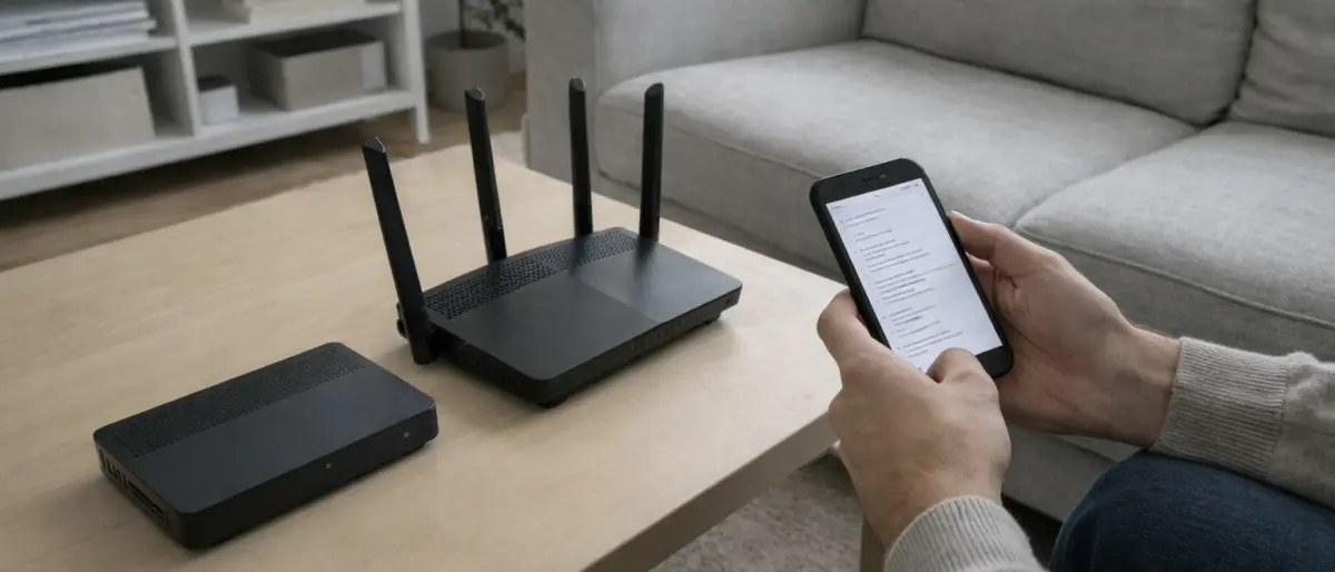 Person jämför två routrar på ett soffbord och kollar specifikationer på mobilen