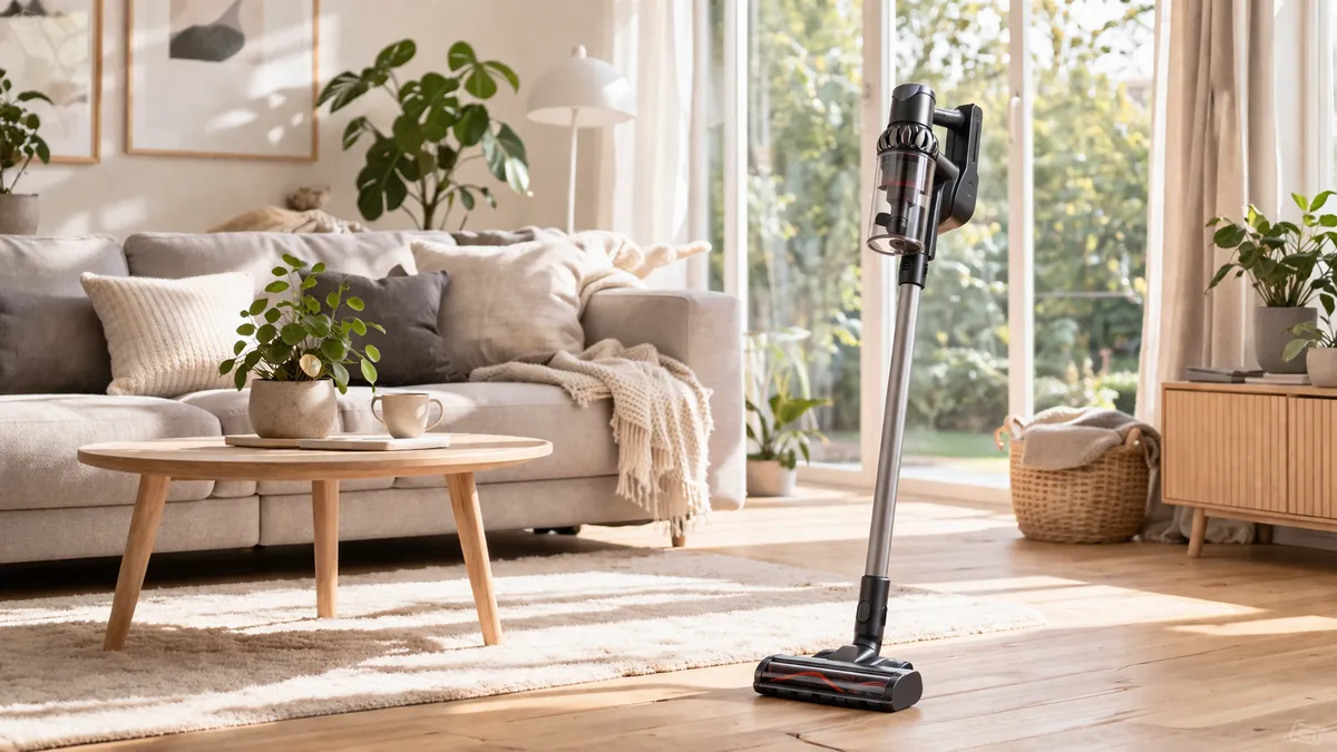 Skaftdammsugare i ljust skandinaviskt hem