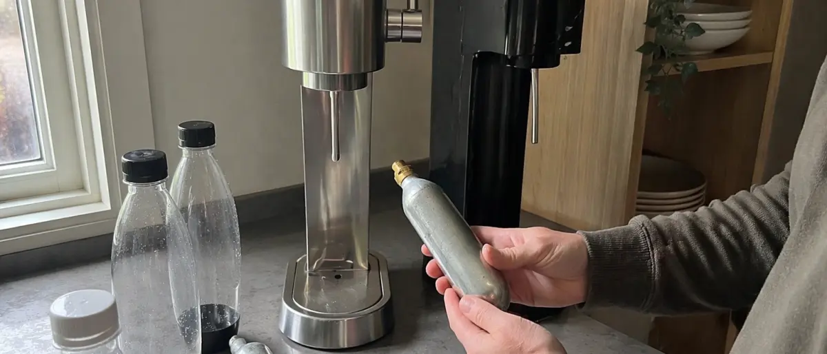 En person jämför två SodaStream-kolsyremaskiner och håller en kolsyrepatron