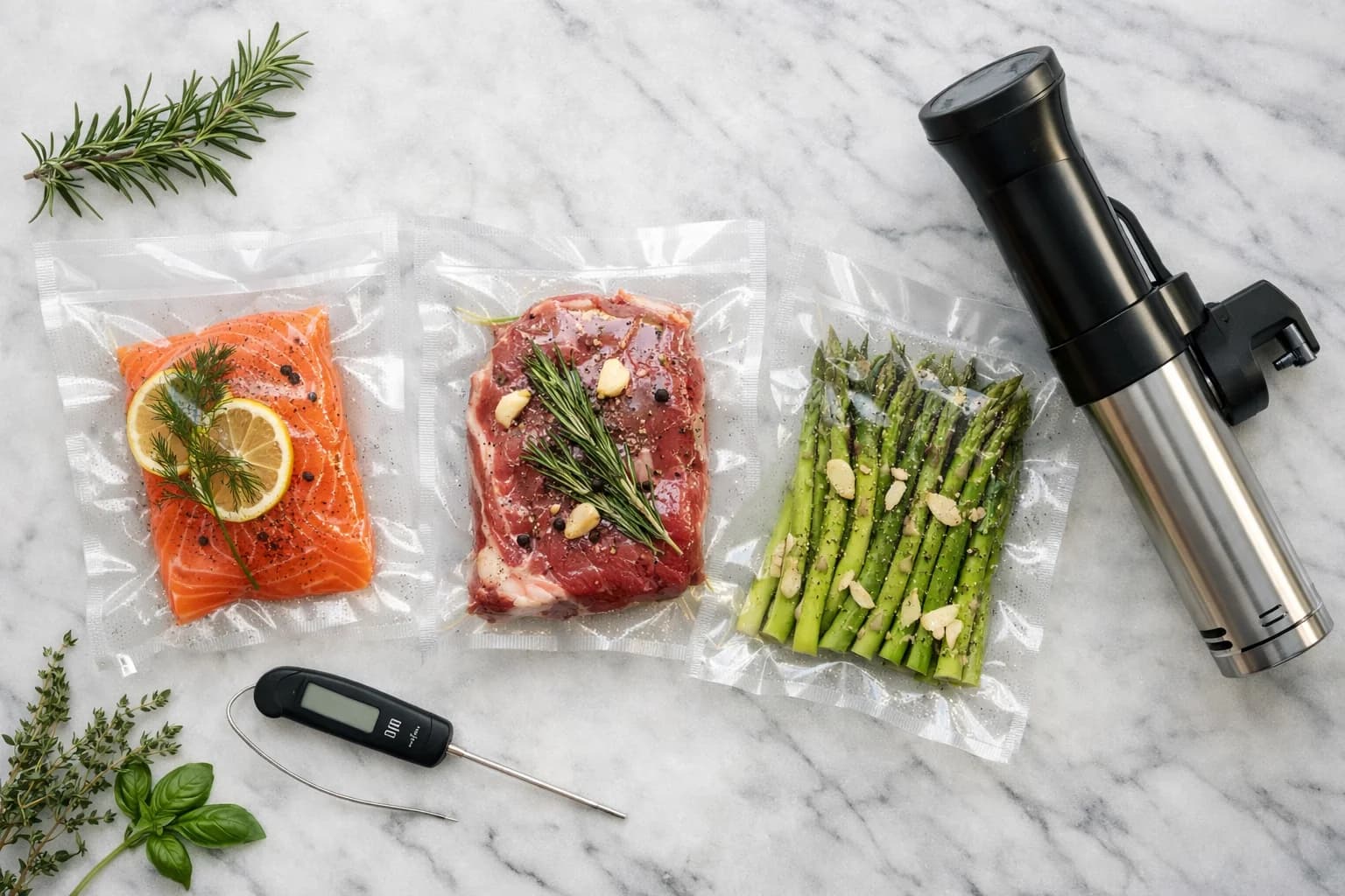 Vakuumpackade råvaror redo för sous vide-tillagning på marmorbänk