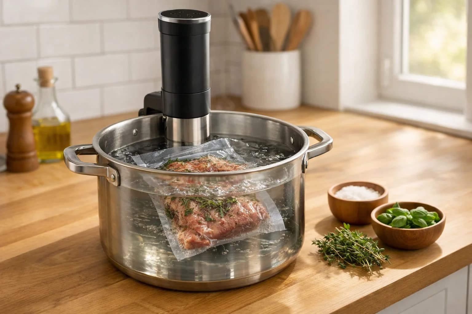 Sous vide-cirkulator i ett skandinaviskt kök med vakuumpackad mat i vattenbad