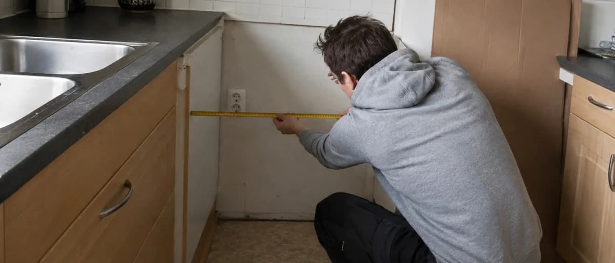 Person som mäter bredden på den tomma nischen där den gamla spisen stod