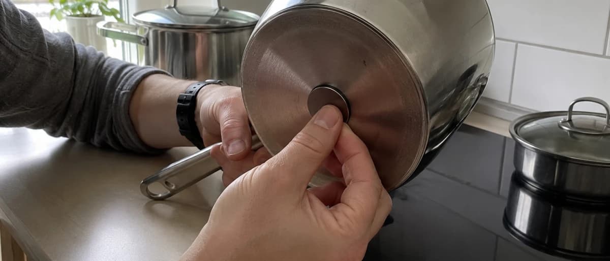 Person håller en magnet mot botten av en kastrull för att testa om den fungerar på induktion