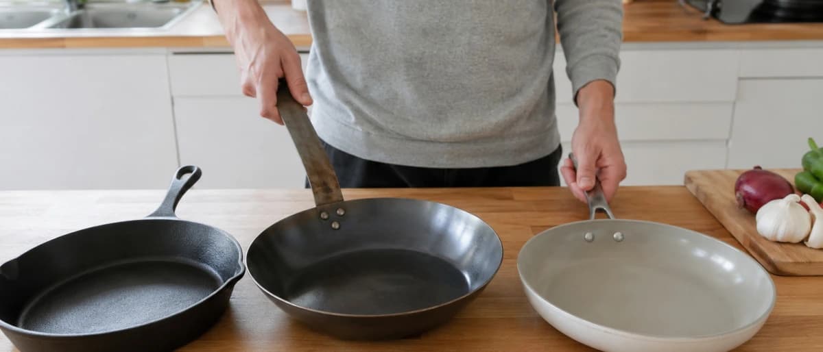 Person som jämför en gjutjärnspanna, en kolstålspanna och en non-stickpanna på en köksbänk