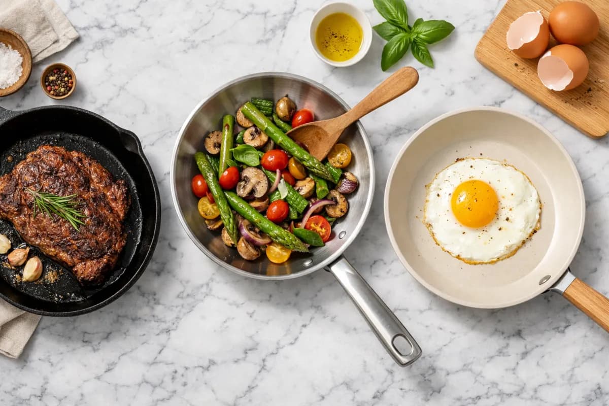 Tre stekpannor ovanifrån med olika material och maträtter