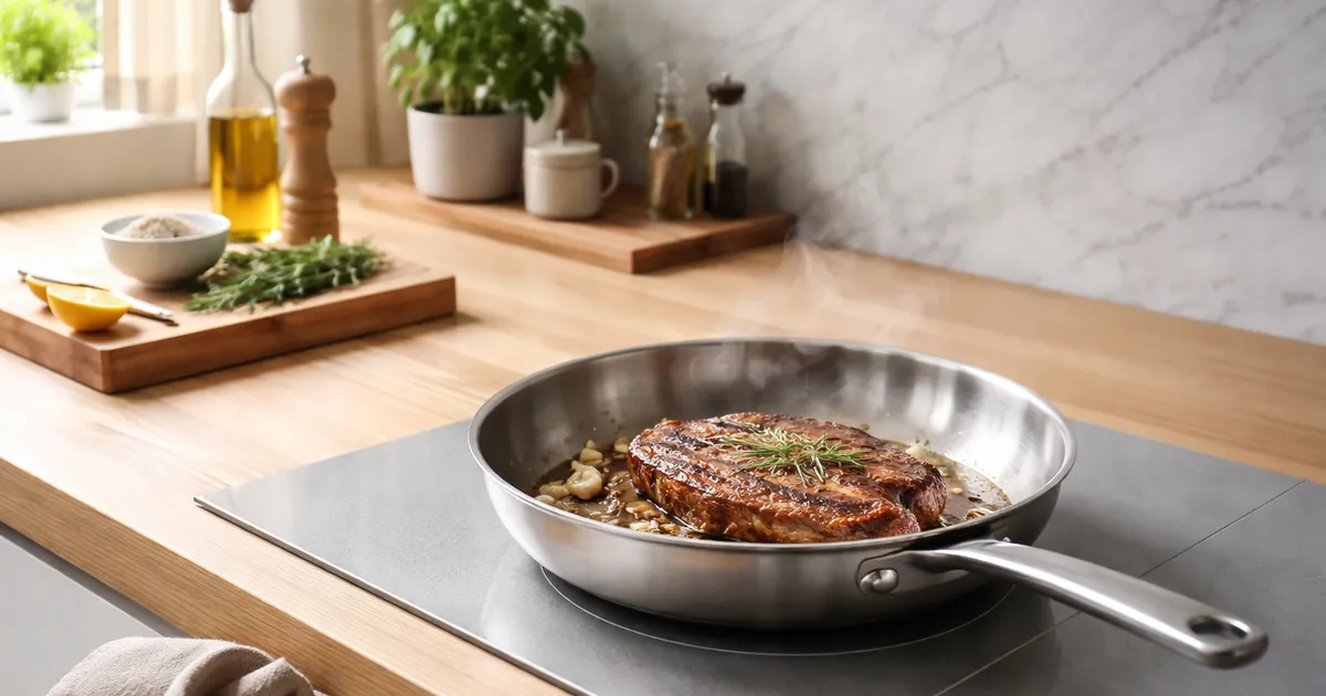 Olika typer av stekpannor uppställda på ljust träunderlag