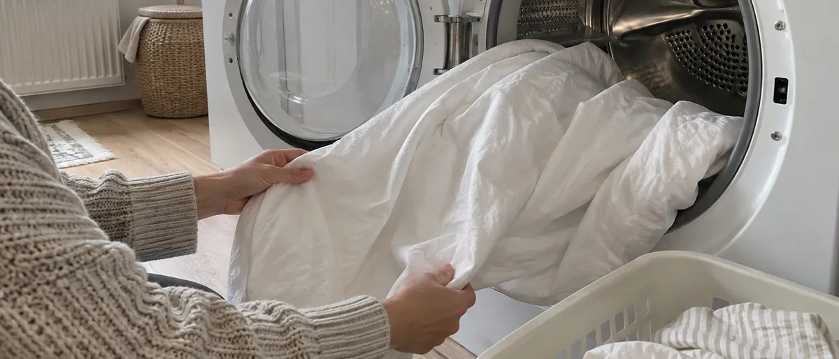 Händer tar ut ett torrt vitt påslakan ur en torktumlare, med en tvättkorg med sängkläder bredvid