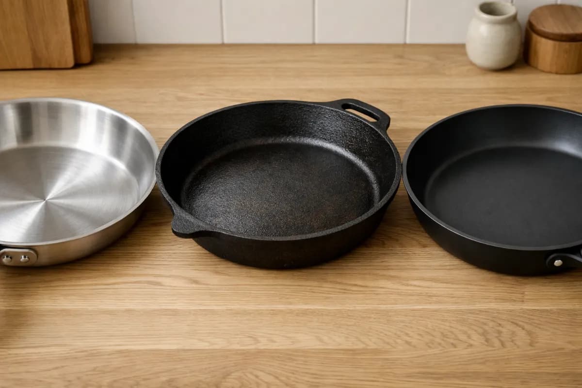 Tre traktörpannor i olika material: rostfritt stål, gjutjärn och non-stick sida vid sida