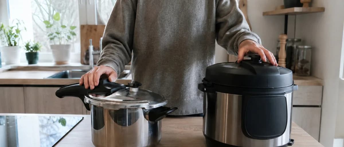 Person i ett kök jämför en klassisk stålgryta med en elektrisk multicooker på bänken