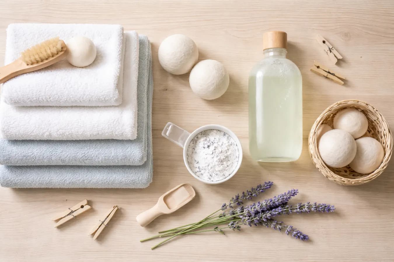 Vikta handdukar och tvättillbehör på ljus träyta i skandinavisk stil