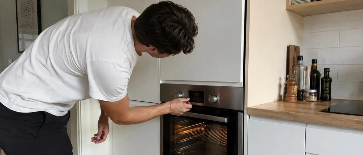 Person ställer in temperaturen på en inbyggnadsugn i ett kök