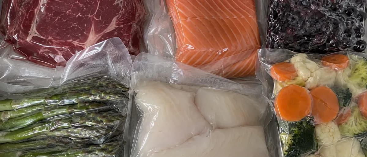 Vakuumpackade paket med kött, lax, torskfilé, sparris, bär och grönsaker tätt packade ovanifrån